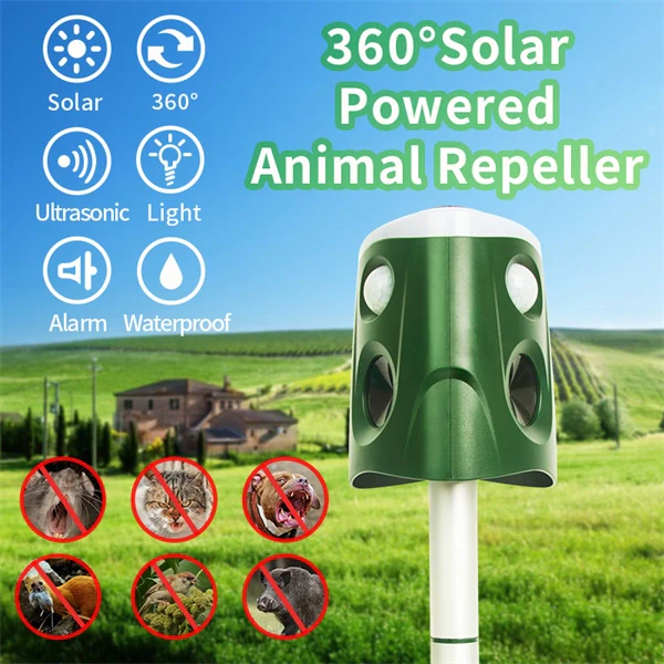 360° Multi-Function Bird Repeller – Ultrasonic Animal Deterrent with Triple-Speaker Design Outdoor Pest Control for Mice, Birds, and Squirrel