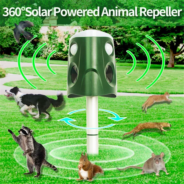 360° Multi-Function Bird Repeller – Ultrasonic Animal Deterrent with Triple-Speaker Design Outdoor Pest Control for Mice, Birds, and Squirrel