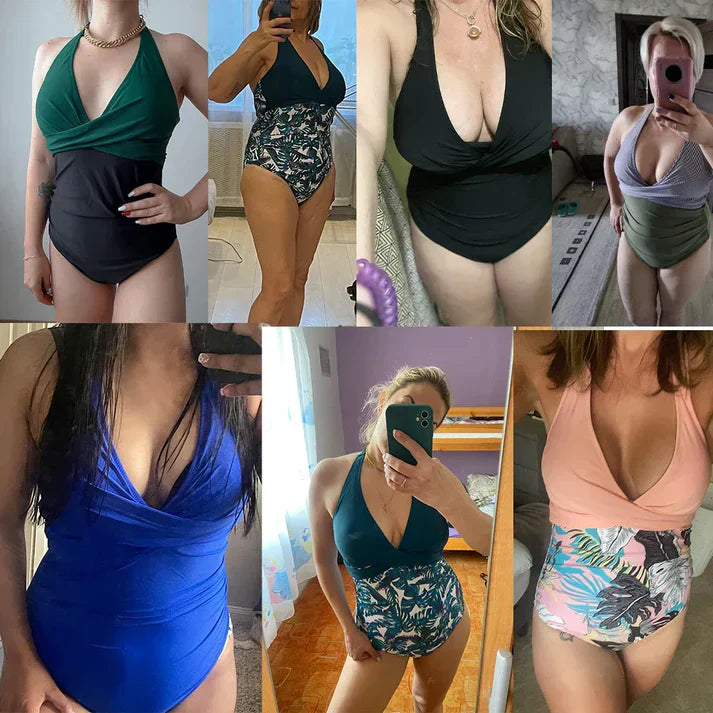 Plus Size Push Up One Piece Cross V Halter High Waist Open Back