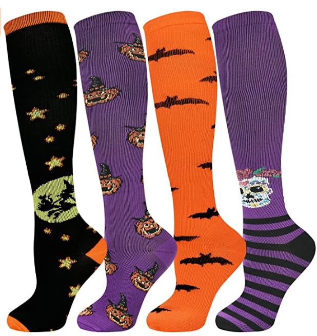 4 Pair halloween Compression Socks for Women Men Circulation, Knee High Compression Socks 15-20mmHg