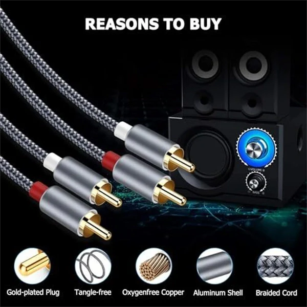 RCA Stereo Audio Cable – Male-to-Male Subwoofer Cord, Grey