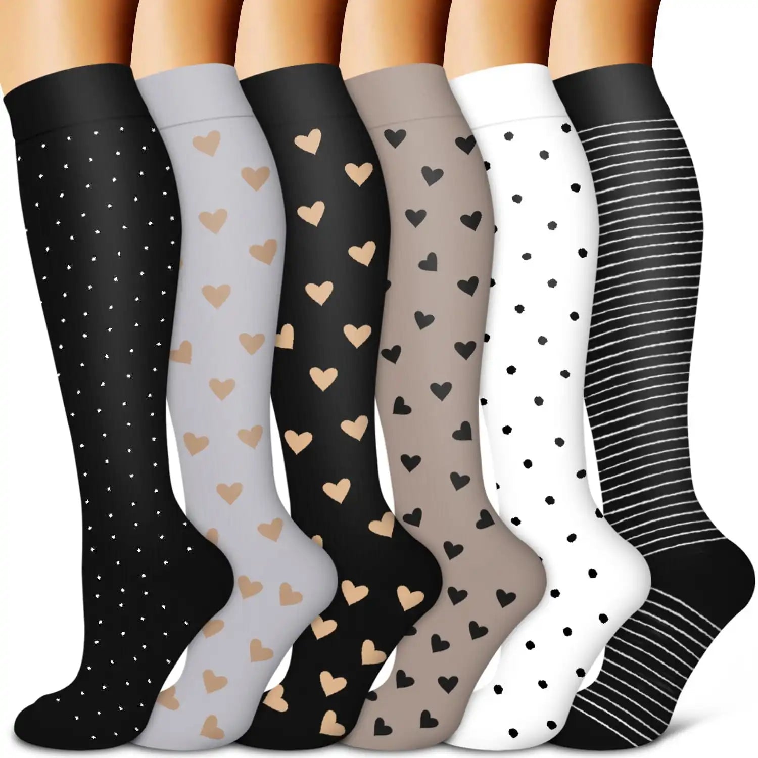 ROYALUCK 6-Pair Polka Dot Solid Compression Socks (15-20mmHg) - Firm Support Designed for Nurses, Runners, and Athletes