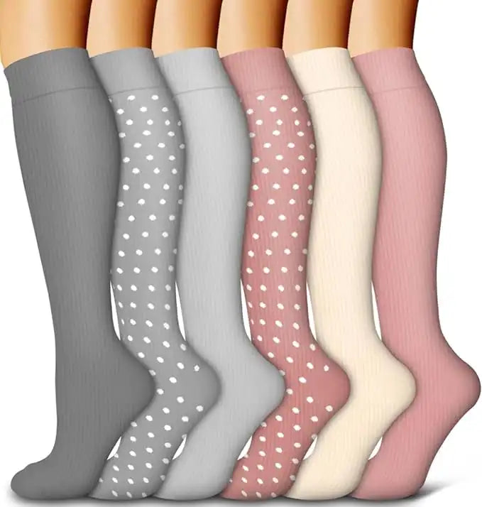 ROYALUCK 6-Pair Polka Dot Solid Compression Socks (15-20mmHg) - Firm Support Designed for Nurses, Runners, and Athletes