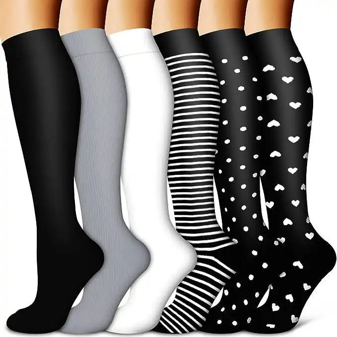 ROYALUCK 6-Pair Polka Dot Solid Compression Socks (15-20mmHg) - Firm Support Designed for Nurses, Runners, and Athletes