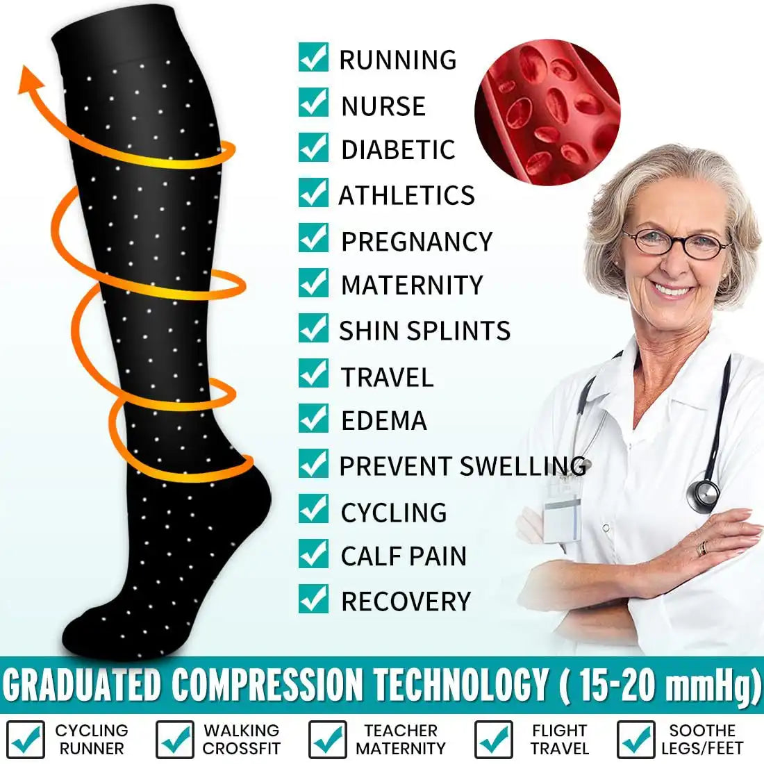 ROYALUCK 6-Pair Polka Dot Solid Compression Socks (15-20mmHg) - Firm Support Designed for Nurses, Runners, and Athletes