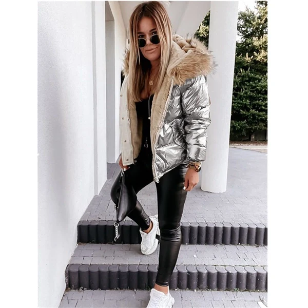 Shiny Hooded Puffer Jacket for Women – Slim Short Winter Coat, Black & Champagne