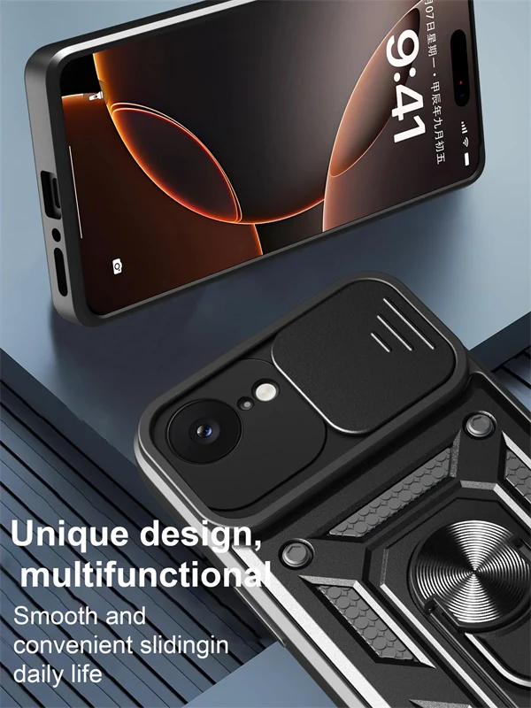 Shockproof Sliding Window Ring Stand Phone Case for iPhone 17 Pro Max