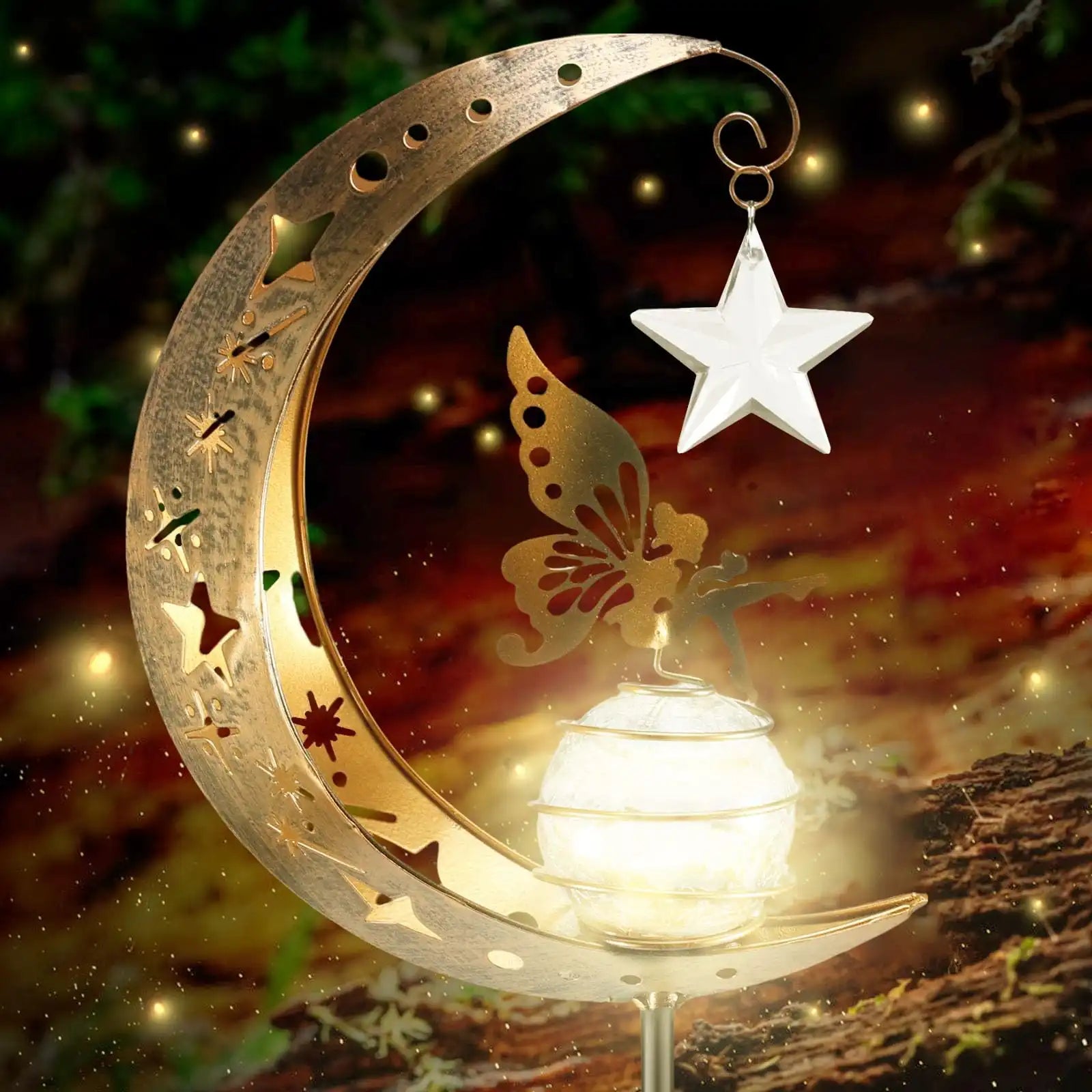 Solar Garden Lights Outdoor Moon Fairy Crackle Glass Decor