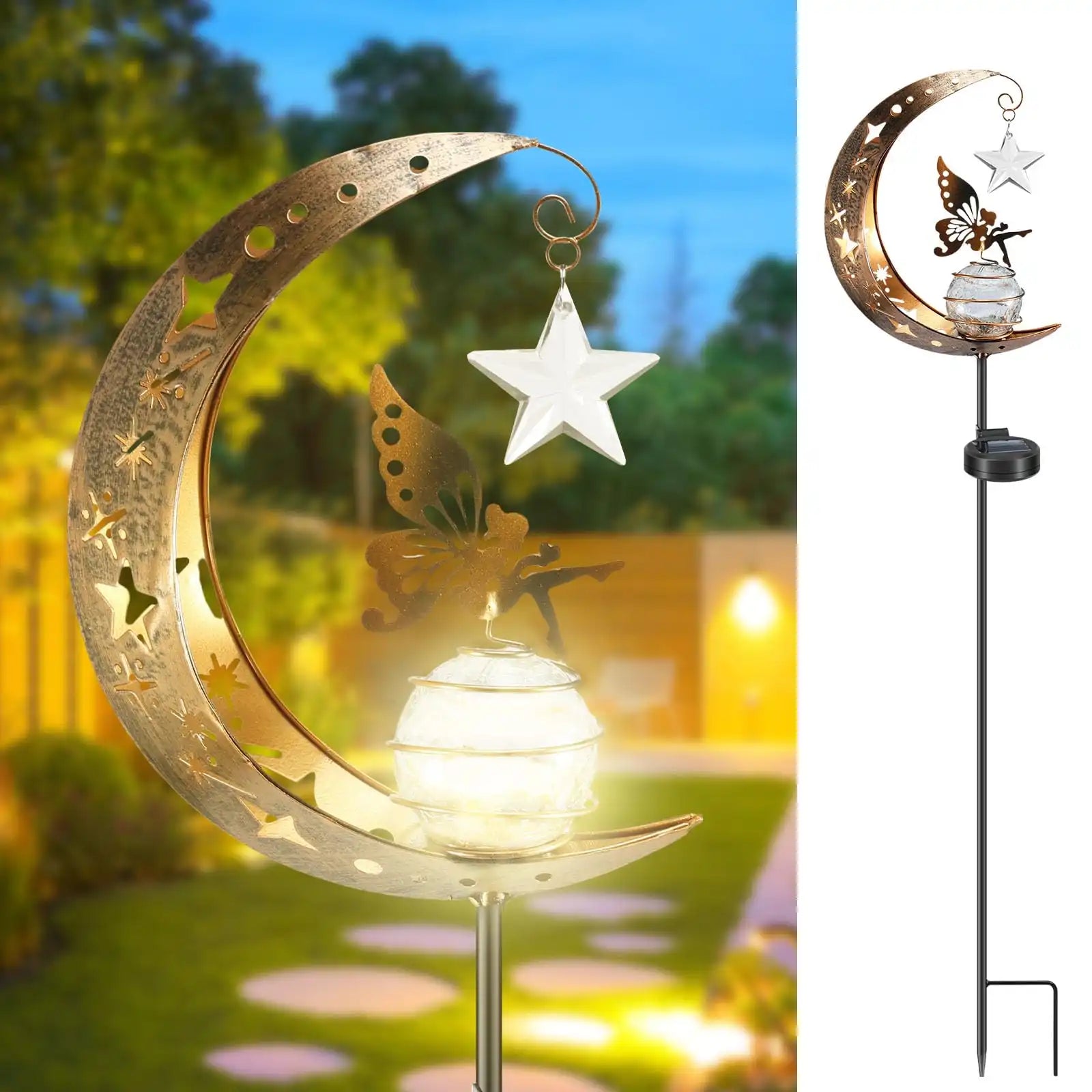 Solar Garden Lights Outdoor Moon Fairy Crackle Glass Decor