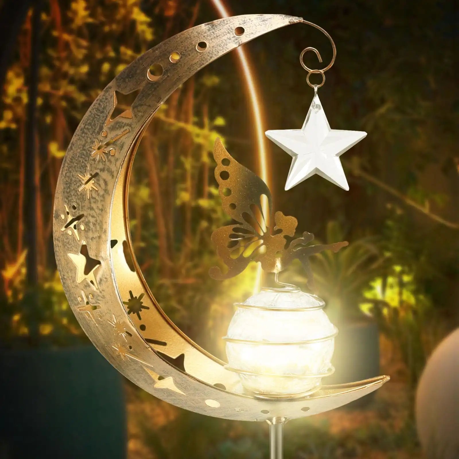 Solar Garden Lights Outdoor Moon Fairy Crackle Glass Decor