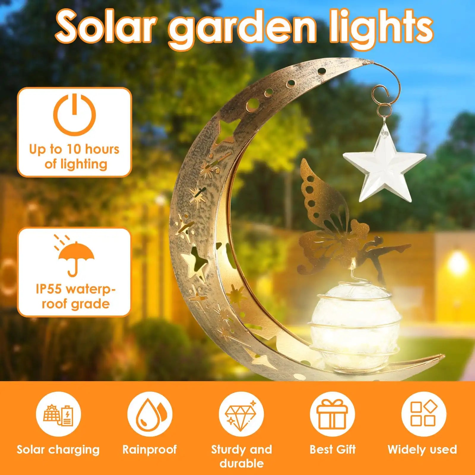 Solar Garden Lights Outdoor Moon Fairy Crackle Glass Decor