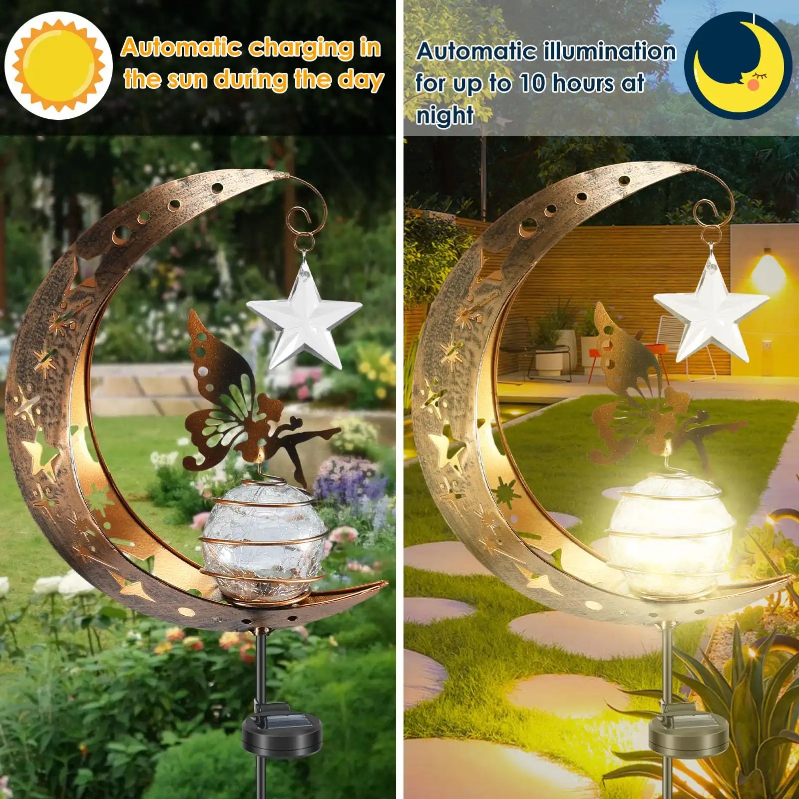 Solar Garden Lights Outdoor Moon Fairy Crackle Glass Decor