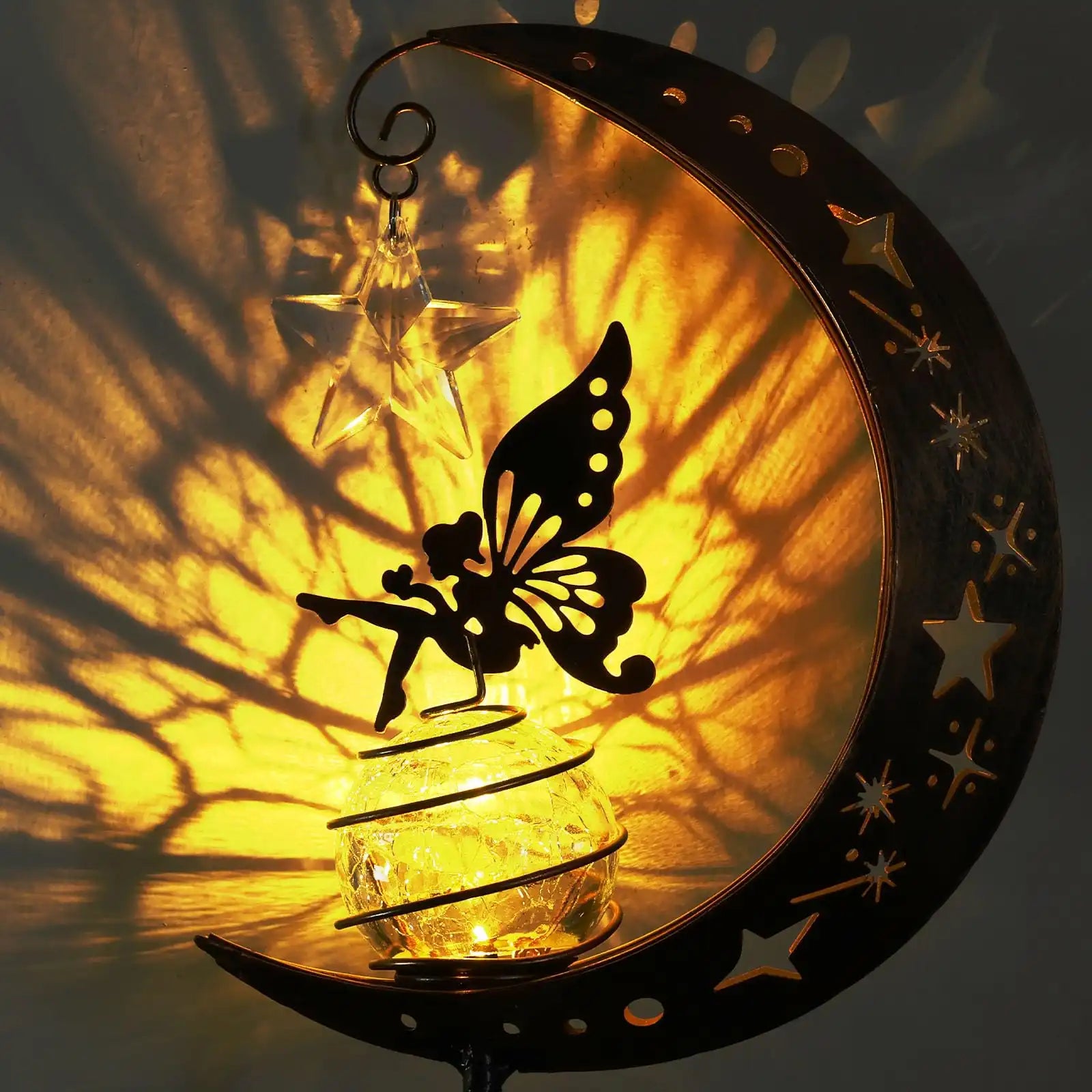 Solar Garden Lights Outdoor Moon Fairy Crackle Glass Decor