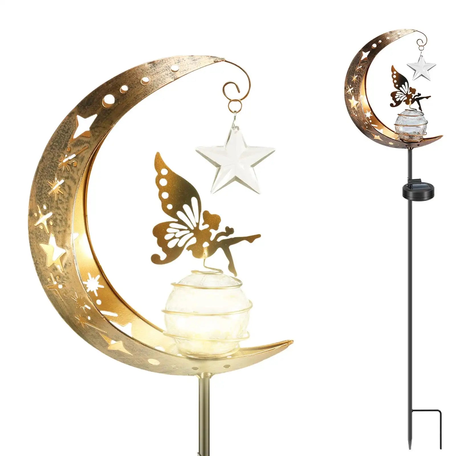 Solar Garden Lights Outdoor Moon Fairy Crackle Glass Decor