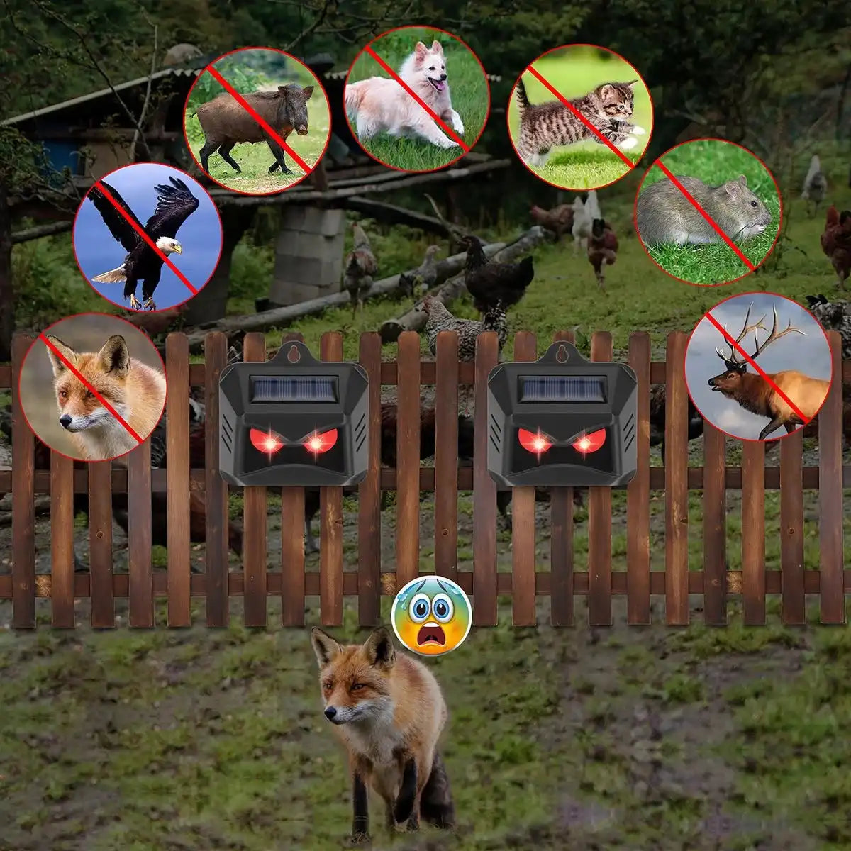 Solar Nocturnal Animal Repeller - With Red LED Light - For Skunk, Deer, Coyote, Fox, Raccoon, Cat, Garden, Yard, Farm Chicken Coop