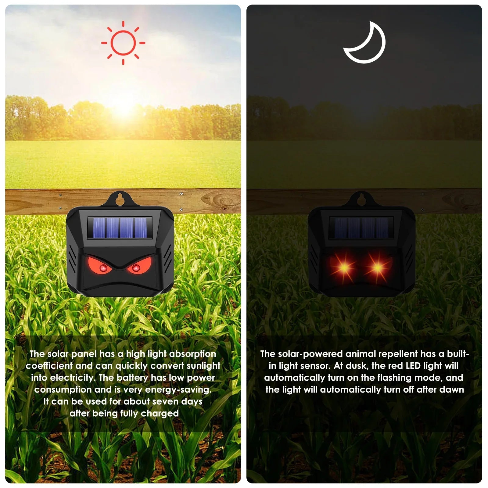 Solar Nocturnal Animal Repeller - With Red LED Light - For Skunk, Deer, Coyote, Fox, Raccoon, Cat, Garden, Yard, Farm Chicken Coop