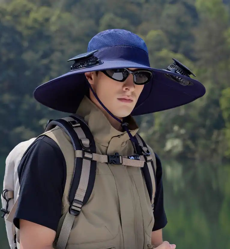Solar Powered Dual Fan Sun Hat - Wide Brim, Quick-Dry, Waterproof for Outdoor Hiking, Fishing - Unisex Fisherman Cap