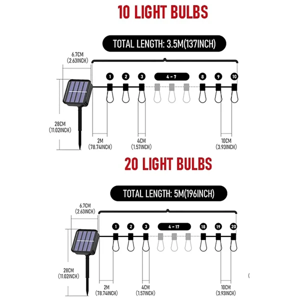 Solar String Lights Outdoor Waterproof – Retro Edison Bulb Fairy Lights, 10/20/30 LEDs (3M/5M/7M) for Garden, Patio, Café, Wedding, Party & Holiday Decor – IP65 Solar Powered