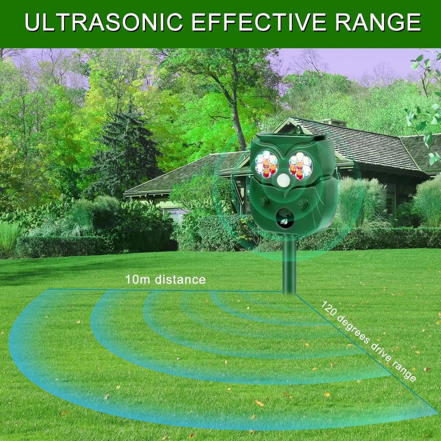 Solar Ultrasonic Animal Repeller, Waterproof Outdoor Use, Humane Motion-Activated Deterrent for Deer, Dogs, Raccoons, Skunks, Squirrels, Cats, 5 Modes for Yard & Home Protection