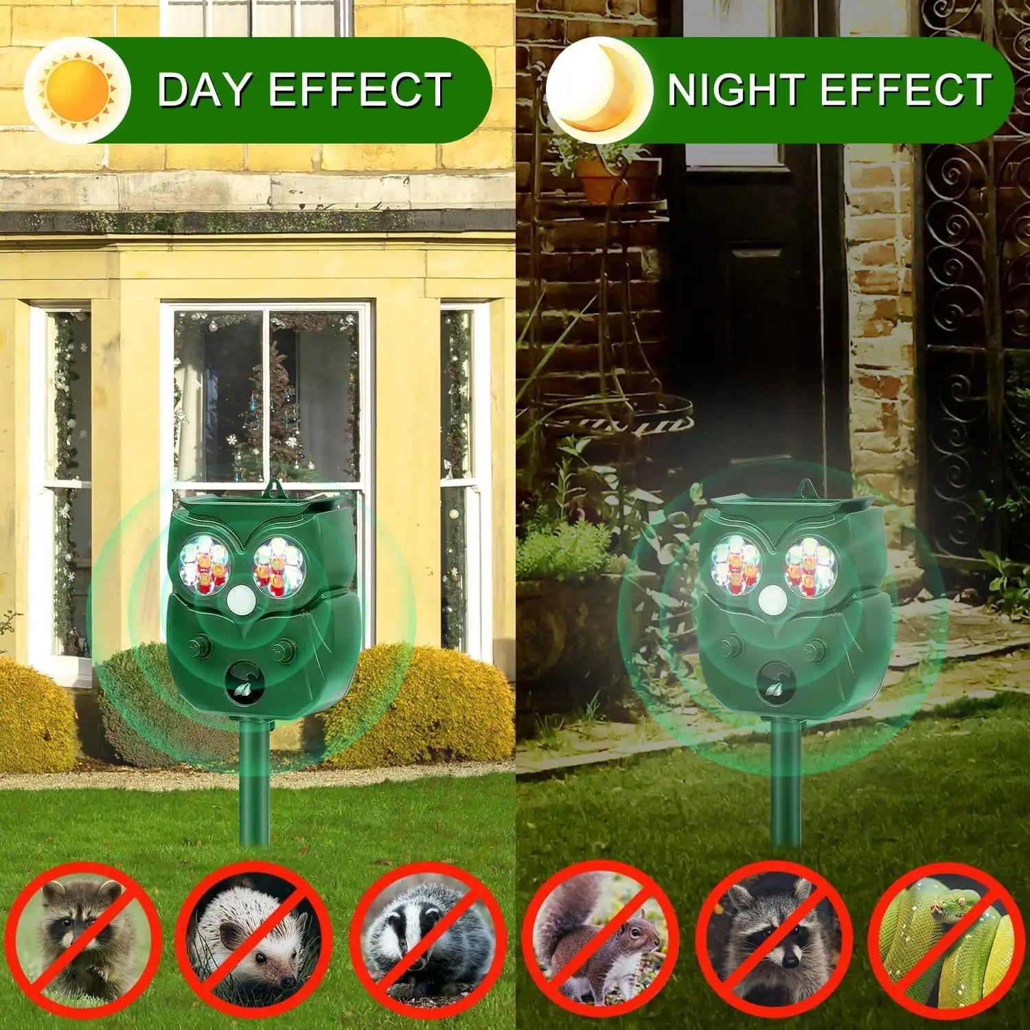 Solar Ultrasonic Animal Repeller, Waterproof Outdoor Use, Humane Motion-Activated Deterrent for Deer, Dogs, Raccoons, Skunks, Squirrels, Cats, 5 Modes for Yard & Home Protection