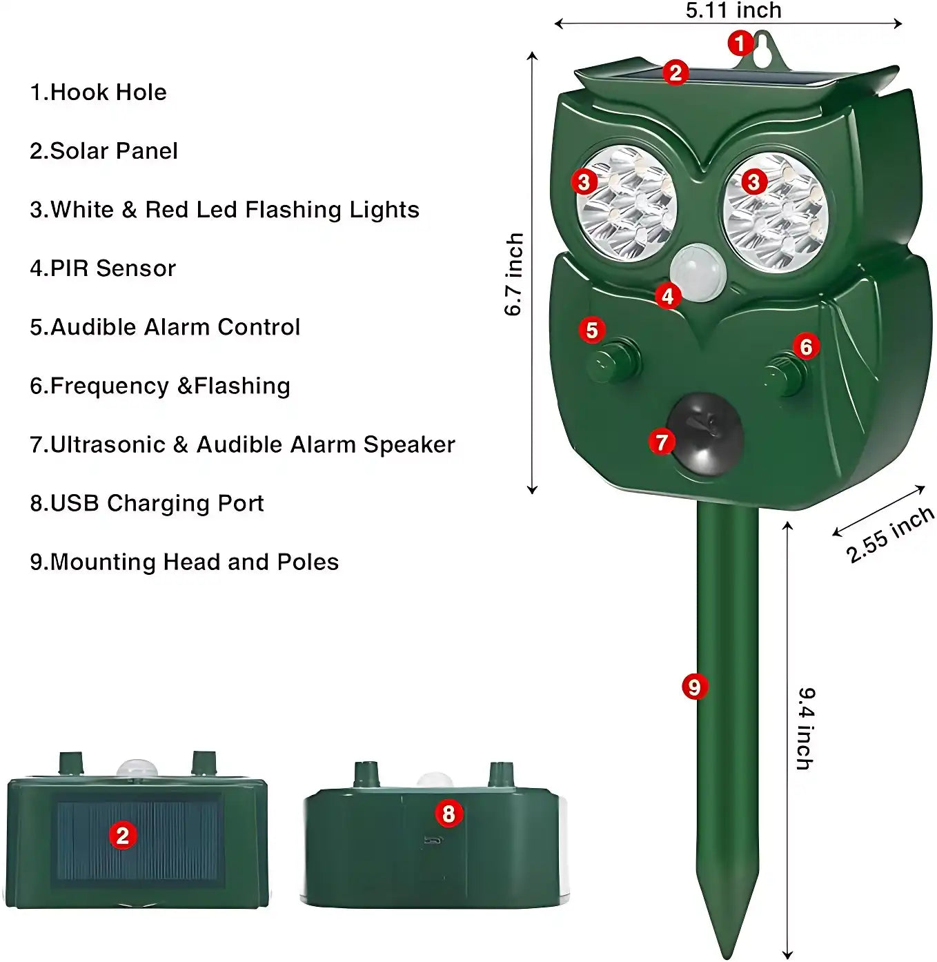 Solar Ultrasonic Animal Repeller, Waterproof Outdoor Use, Humane Motion-Activated Deterrent for Deer, Dogs, Raccoons, Skunks, Squirrels, Cats, 5 Modes for Yard & Home Protection
