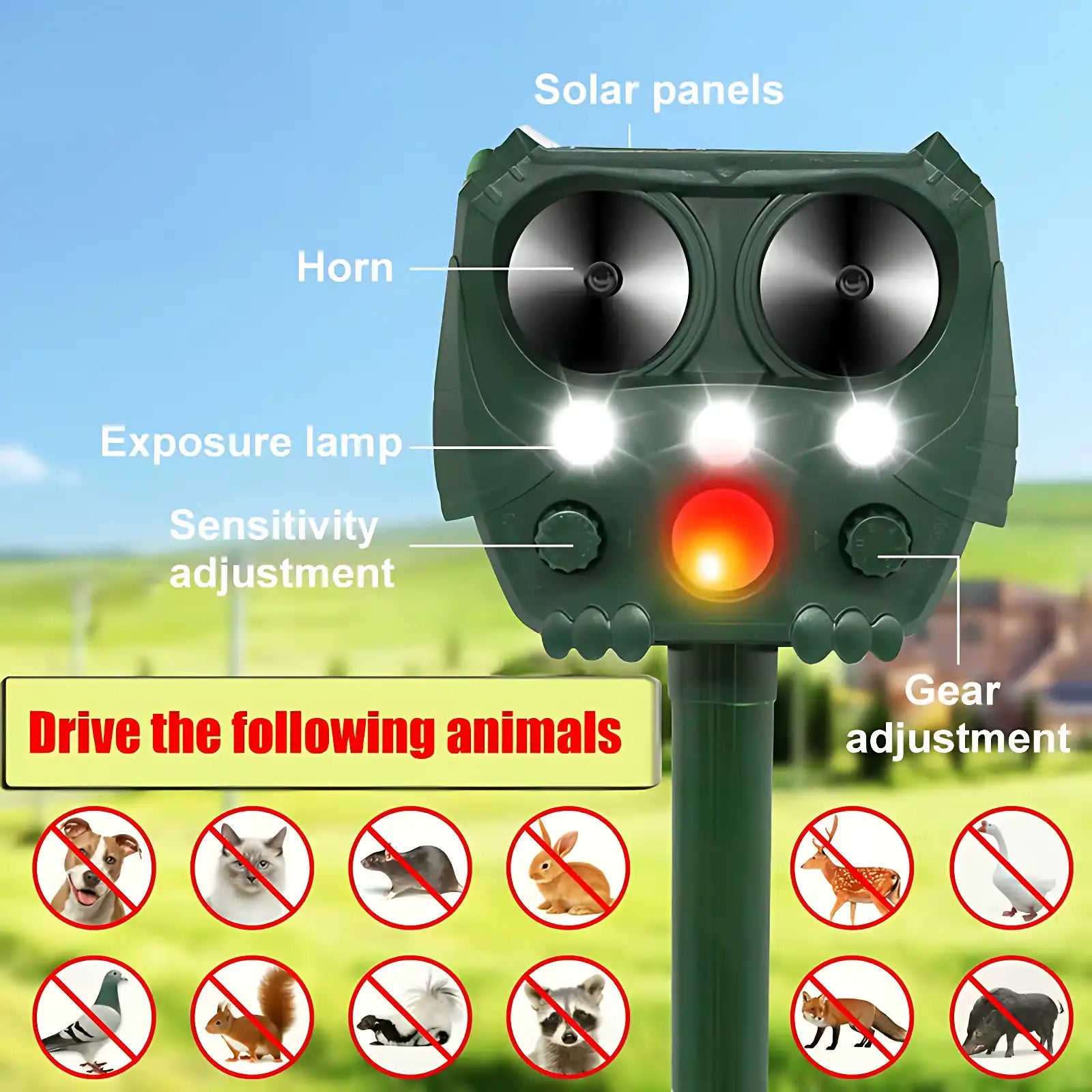 Solar Ultrasonic Animal & Pet Repeller Motion Sensor Repels Birds, Snakes, Raccoons, Skunks, Deer, Cats, Dogs, Rats
