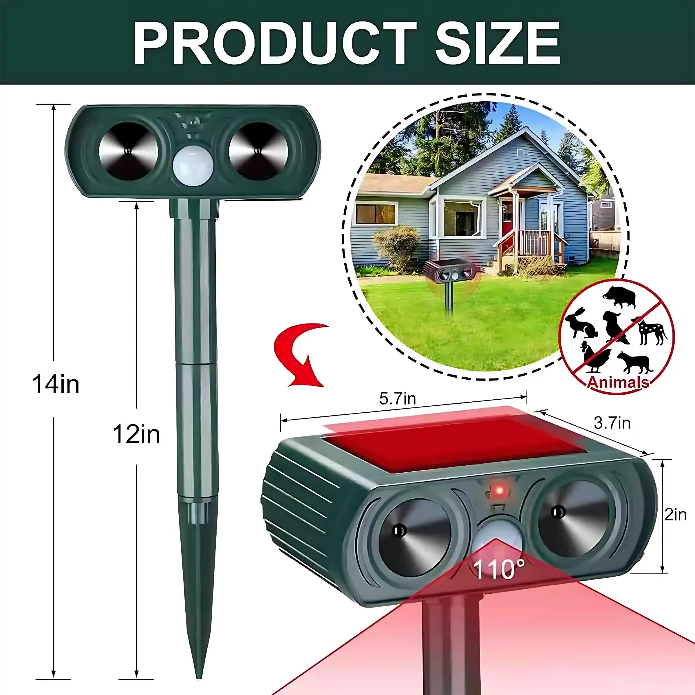 Solar Ultrasonic Coyote/Raccoon/Skunk/Snake & Rodent Repeller - Weatherproof