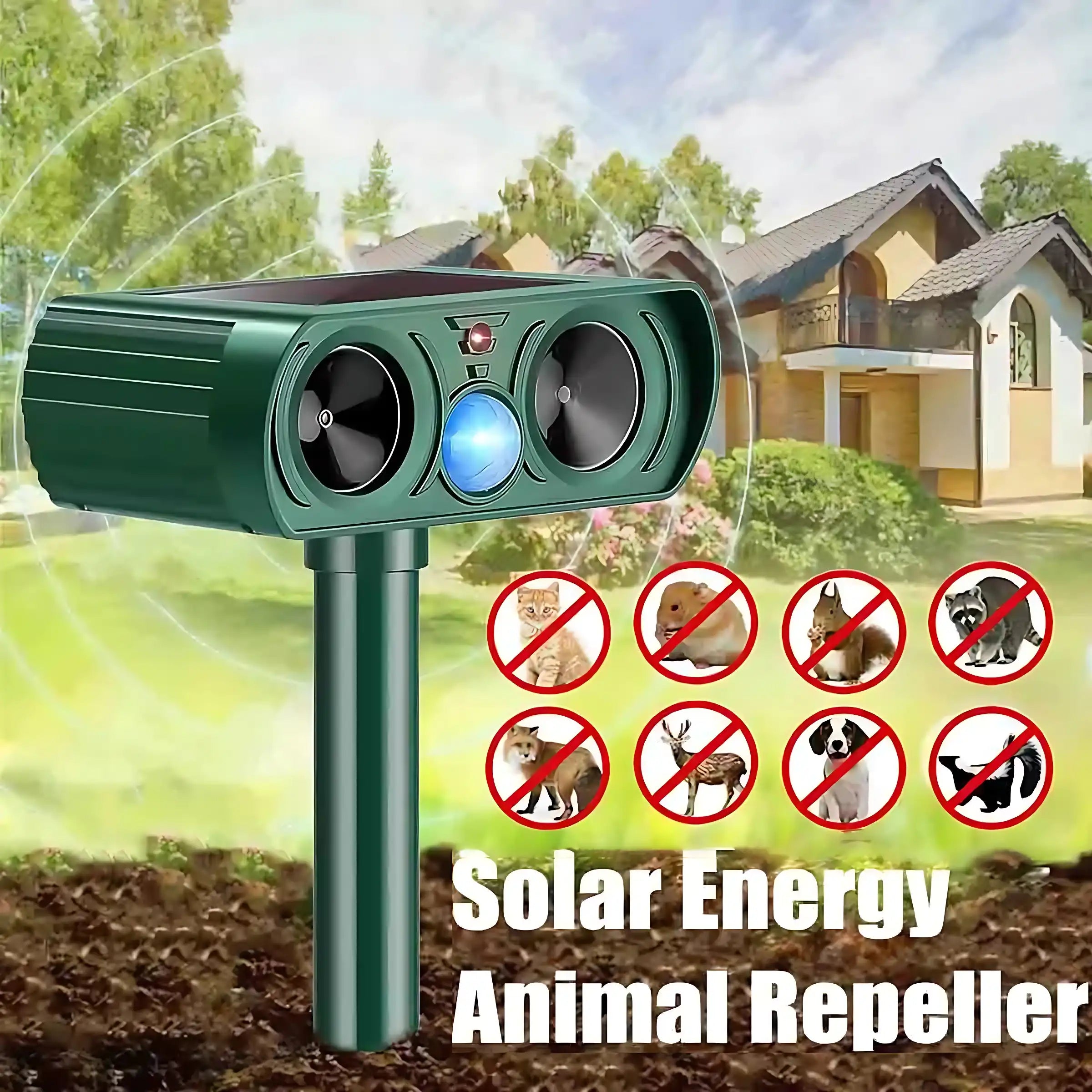 Solar Ultrasonic Coyote/Raccoon/Skunk/Snake & Rodent Repeller - Weatherproof
