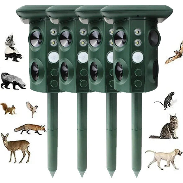 Solar Ultrasonic Pest Repeller with Four Speakers - Repels Mice, Dogs, Bats, Birds and Rodents