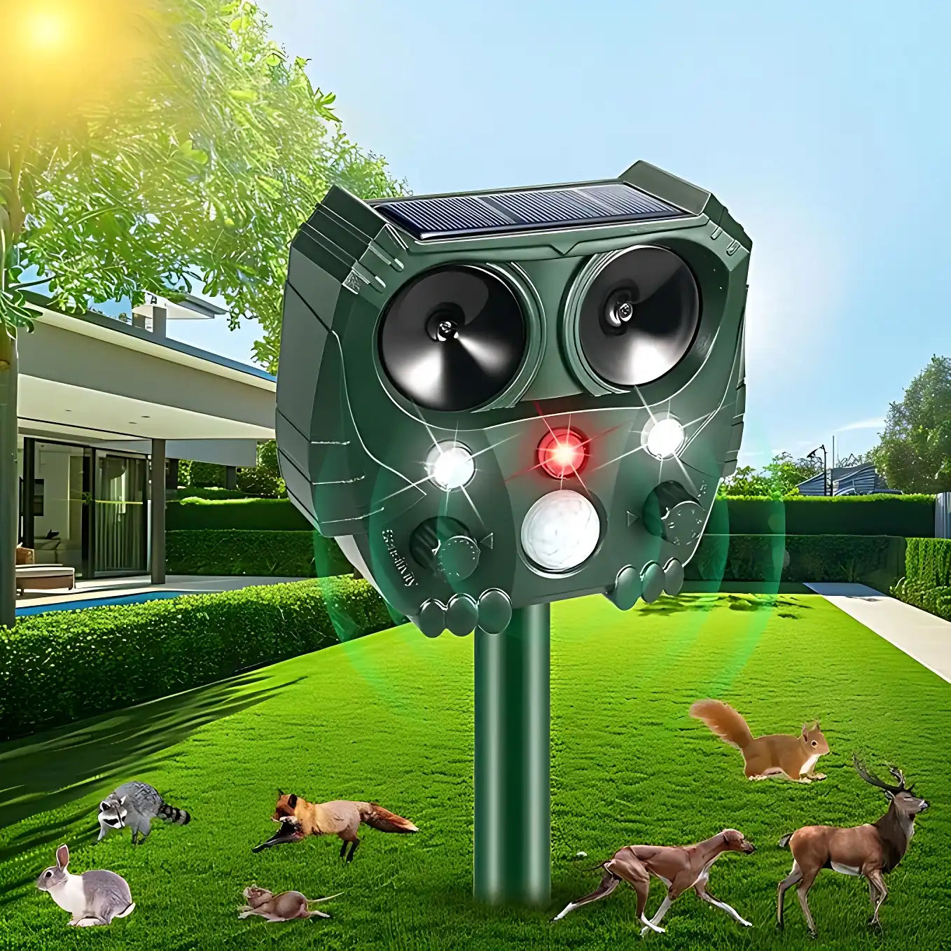 Solar Ultrasonic Animal & Pet Repeller Motion Sensor Repels Birds, Snakes, Raccoons, Skunks, Deer, Cats, Dogs, Rats
