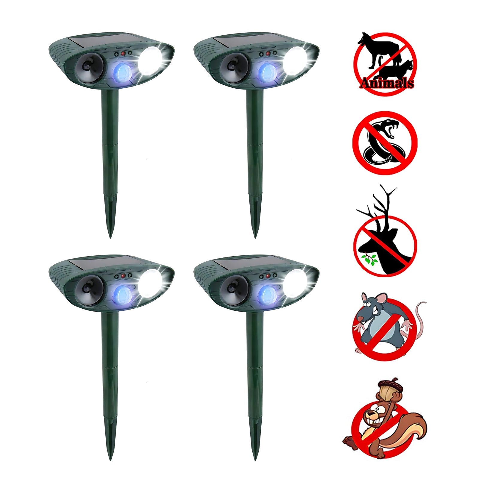Solar Ultrasonic Pest Repeller - PACK OF 4 - Repels Squirrels, Raccoons, Rabbits, Cats, Dogs, Skunks, Foxes in 48 Hours