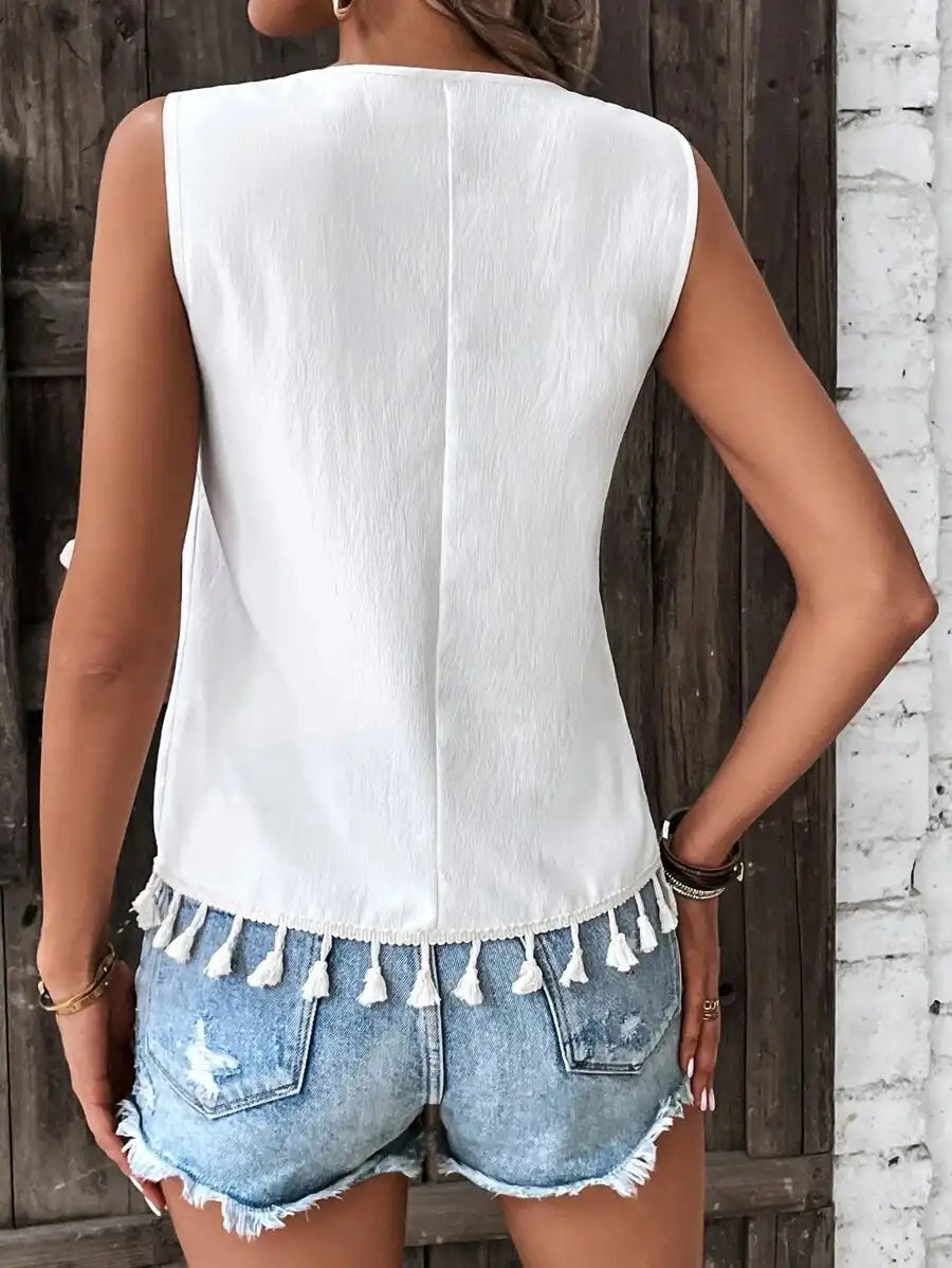 Summer Women's Ethnic Sleeveless V-Neck Vest with Tassel Hem