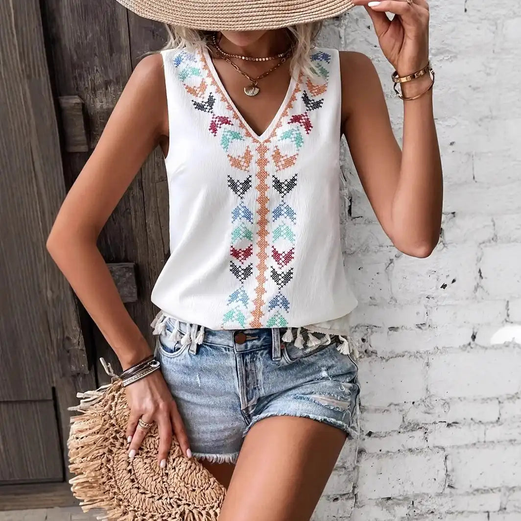 Summer Women's Ethnic Sleeveless V-Neck Vest with Tassel Hem