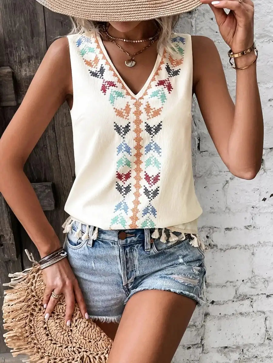 Summer Women's Ethnic Sleeveless V-Neck Vest with Tassel Hem