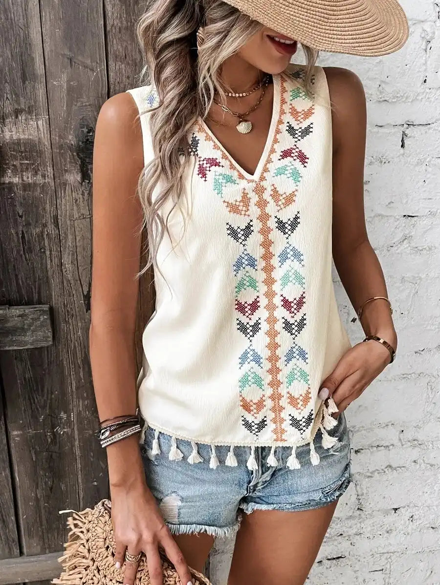 Summer Women's Ethnic Sleeveless V-Neck Vest with Tassel Hem