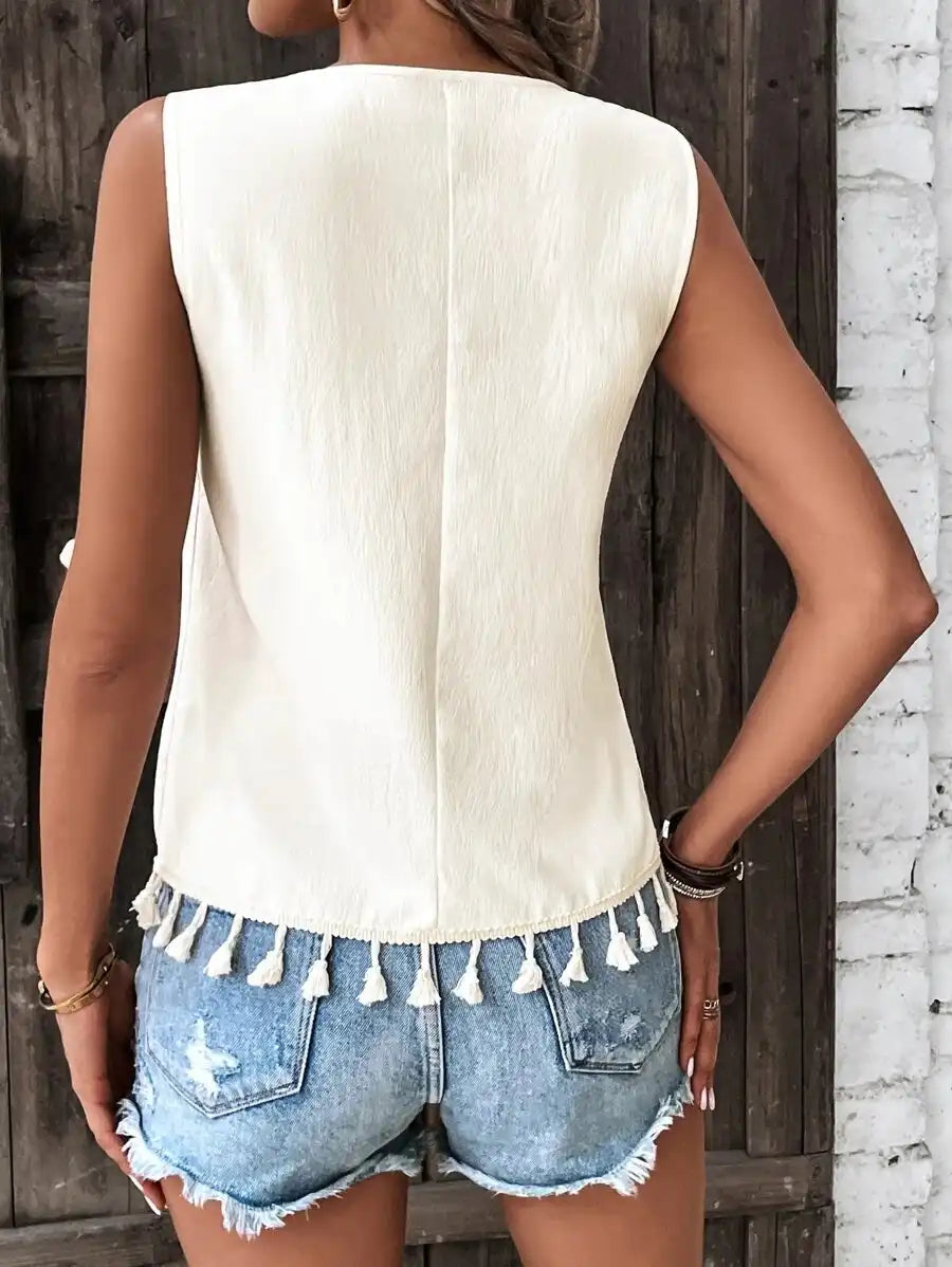 Summer Women's Ethnic Sleeveless V-Neck Vest with Tassel Hem