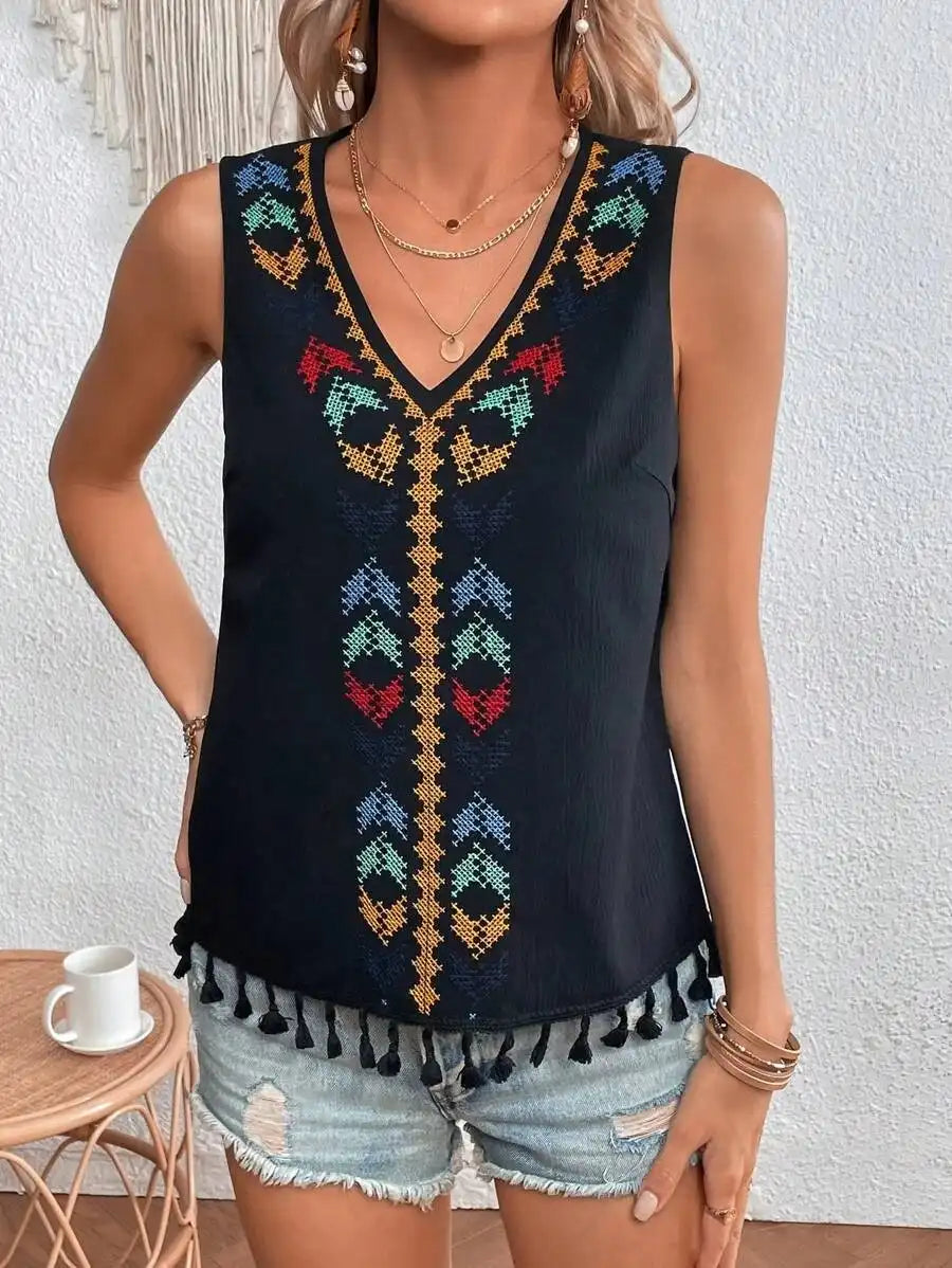 Summer Women's Ethnic Sleeveless V-Neck Vest with Tassel Hem
