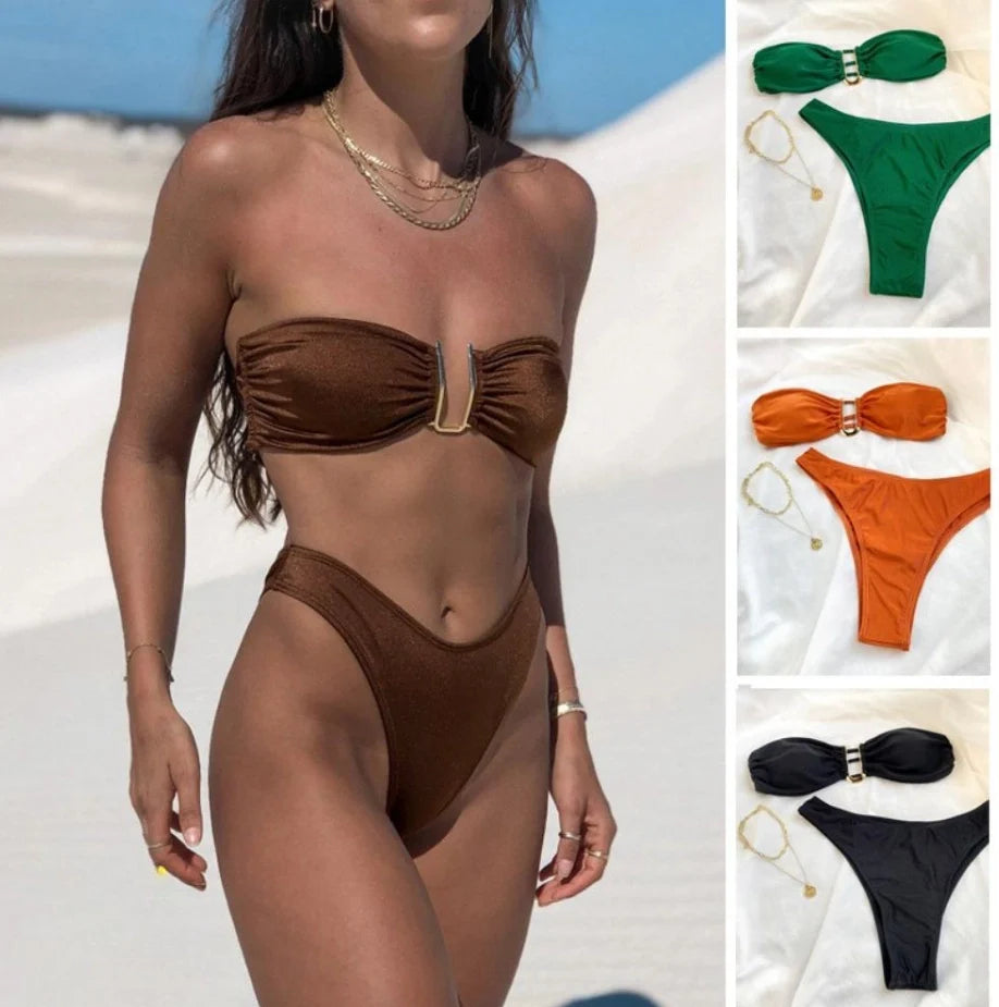 Women's Summer Hot Sexy Bikinis High Waisted Solid Color Two-Piece Swimsuit for Beach and Hot Springs