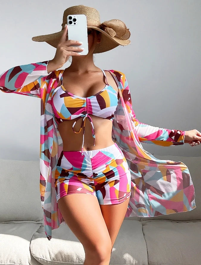 Women's High-Waisted 3-Piece Bikini Set Sunscreen Women Swimsuit