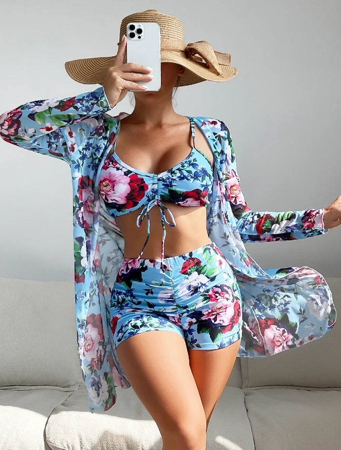 Women's High-Waisted 3-Piece Bikini Set Sunscreen Women Swimsuit