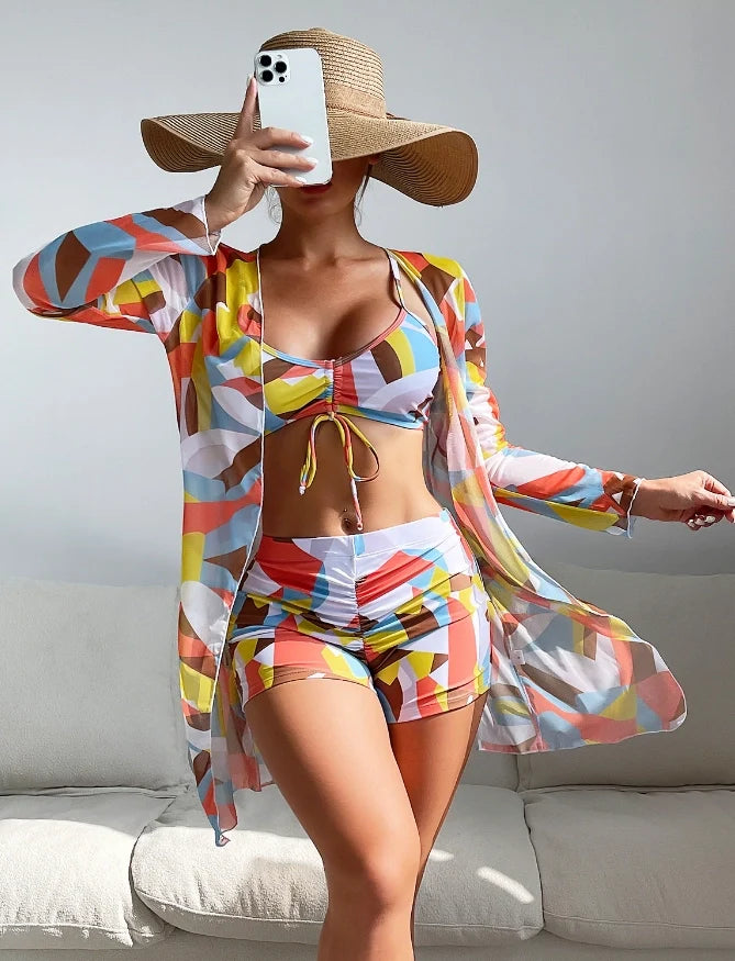 Women's High-Waisted 3-Piece Bikini Set Sunscreen Women Swimsuit