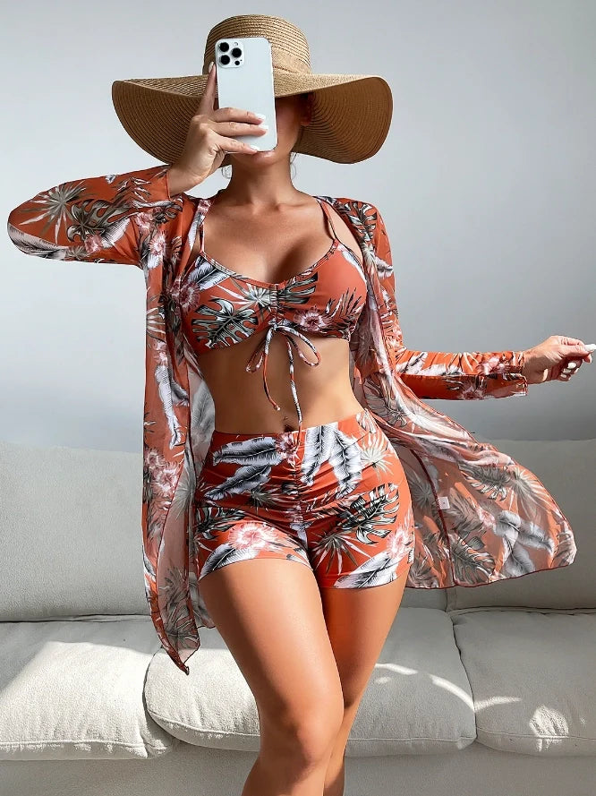 Women's High-Waisted 3-Piece Bikini Set Sunscreen Women Swimsuit