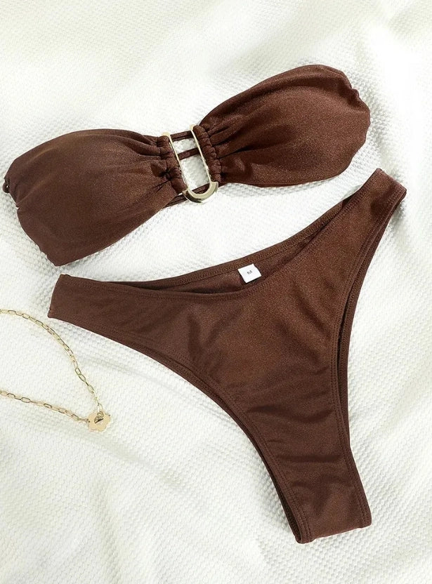 Women's Summer Hot Sexy Bikinis High Waisted Solid Color Two-Piece Swimsuit for Beach and Hot Springs