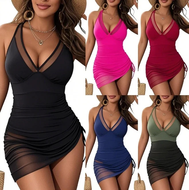 Women Beach One Piece Swim Dress Tummy Control Swimsuits Slimming Mesh Sheer Sarong Wraps Bathing Suit