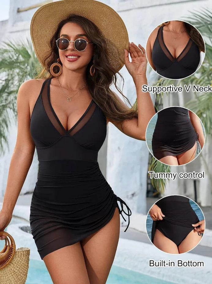 Women Beach One Piece Swim Dress Tummy Control Swimsuits Slimming Mesh Sheer Sarong Wraps Bathing Suit
