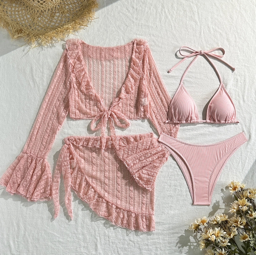 Women's 4-Piece Mesh Long Sleeve Bikini Set with Beach Skirt Holiday Bathing Suit