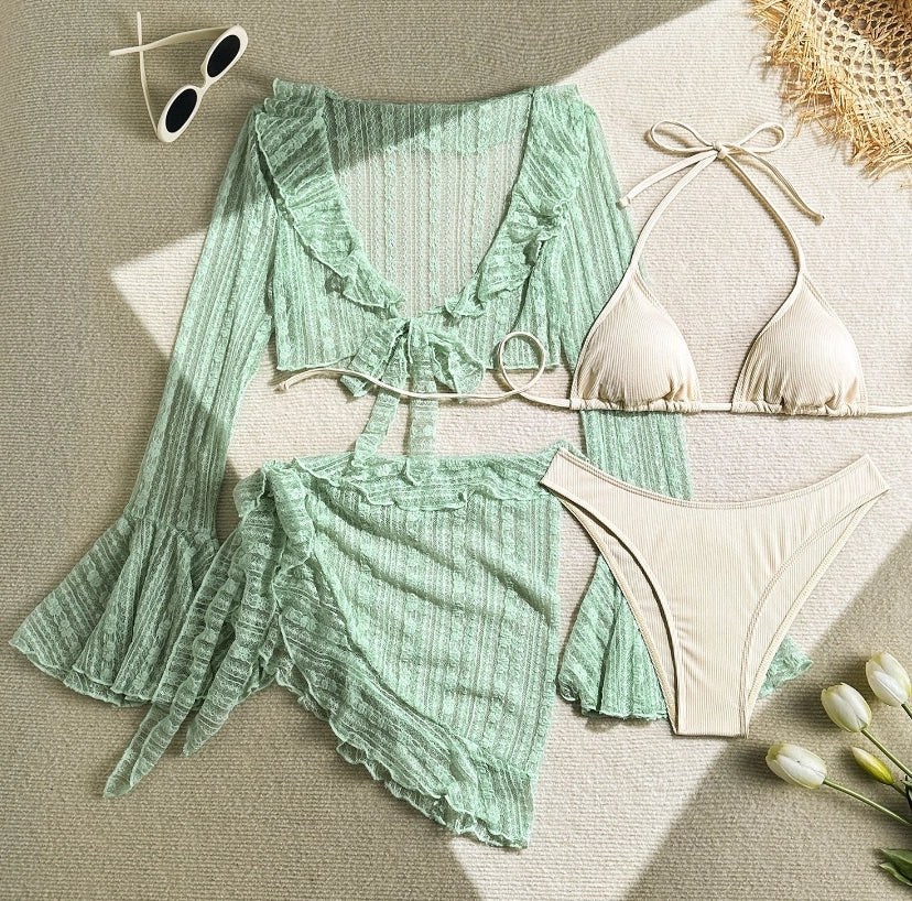 Women's 4-Piece Mesh Long Sleeve Bikini Set with Beach Skirt Holiday Bathing Suit