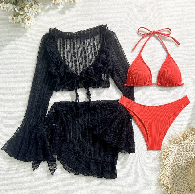Women's 4-Piece Mesh Long Sleeve Bikini Set with Beach Skirt Holiday Bathing Suit