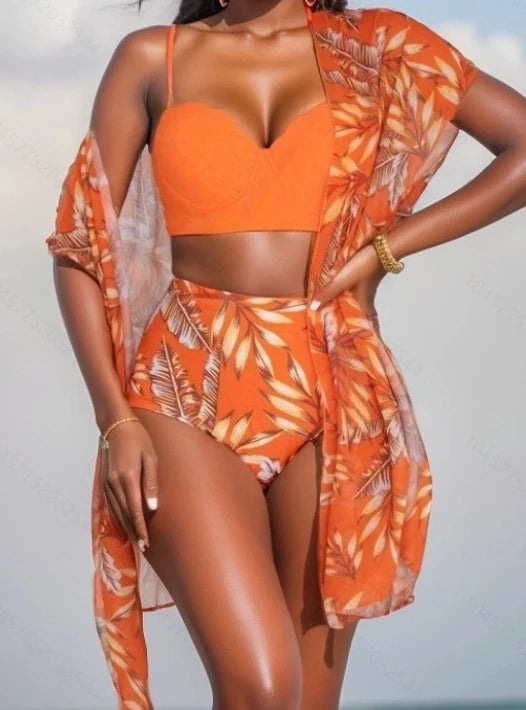 Women's Sexy Bikini 3 Piece Sets Floral Print Cute Cover Up High Waist Bikinis