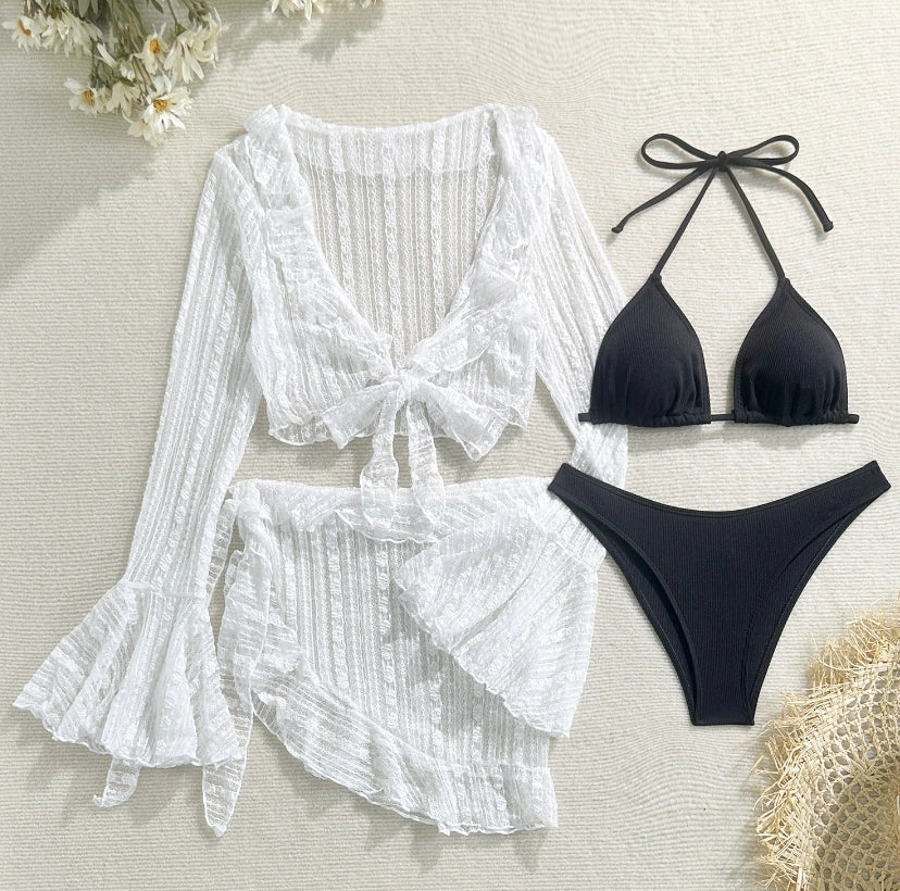 Women's 4-Piece Mesh Long Sleeve Bikini Set with Beach Skirt Holiday Bathing Suit